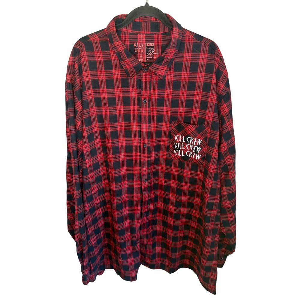 Kill Crew Porrada Series Red Black Plaid Flannel Shirt Mens 4XL Flaming Skull